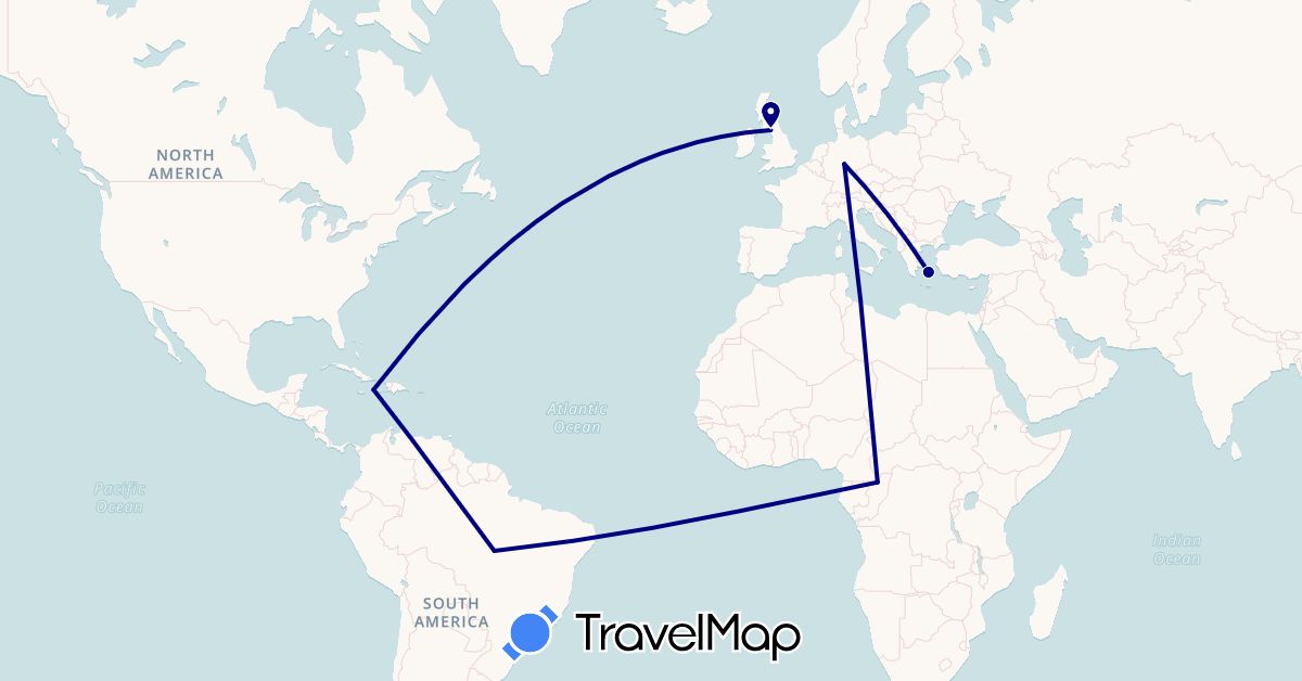 TravelMap itinerary: driving in Brazil, United Kingdom, Greece, United States (Europe, North America, South America)